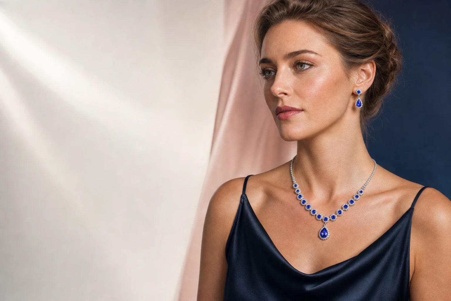 Editorial model wearing a blue crystal necklace and earrings